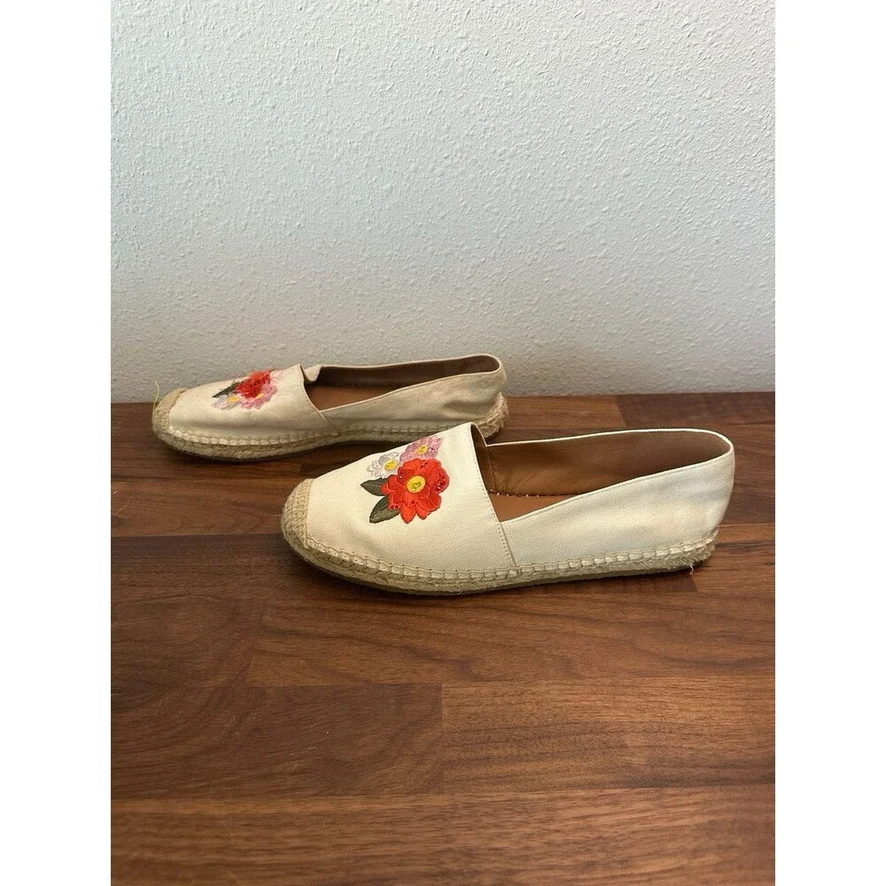 Kate Spade Cream Dahlia Espadrille Flat Loafers w Floral Embroidery Size 8